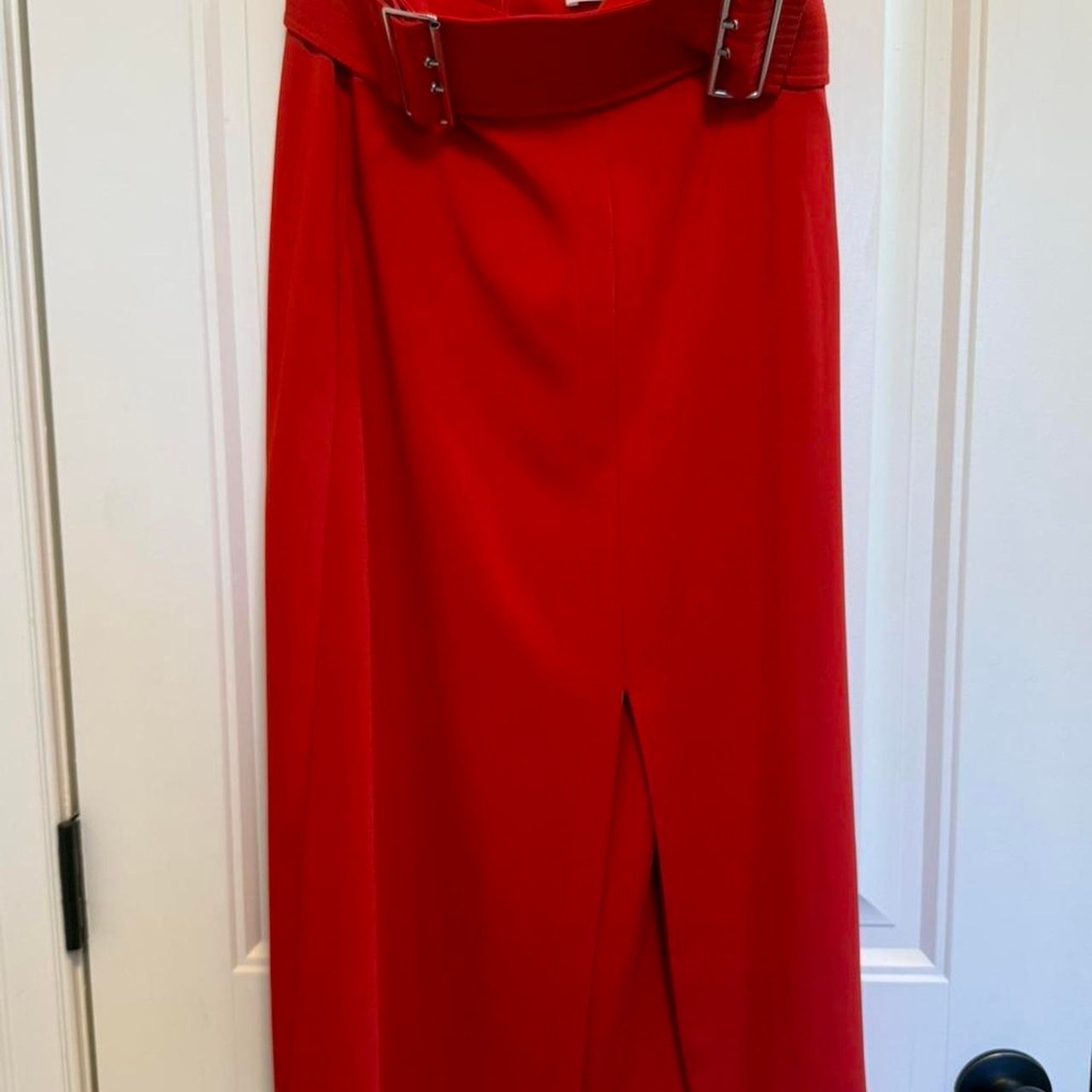 A.L.C. Red Belted Maxi Skirt with Front Slit Size 6 High Waisted Buckle Detail